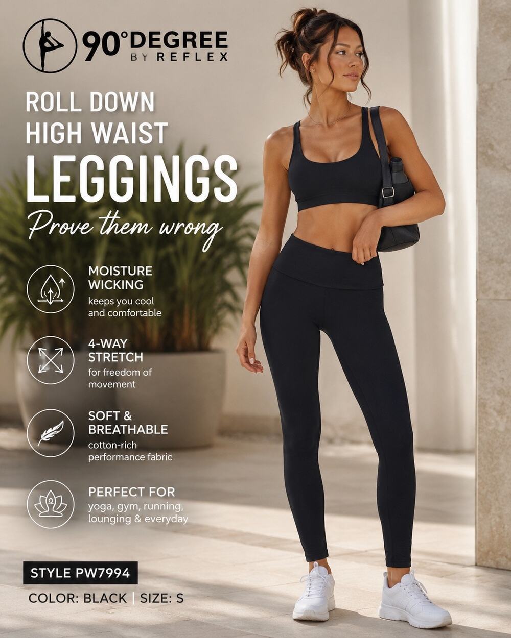 90 Degree by Reflex High Waist Roll Down Leggings Black NWT Yoga Athletic Pants